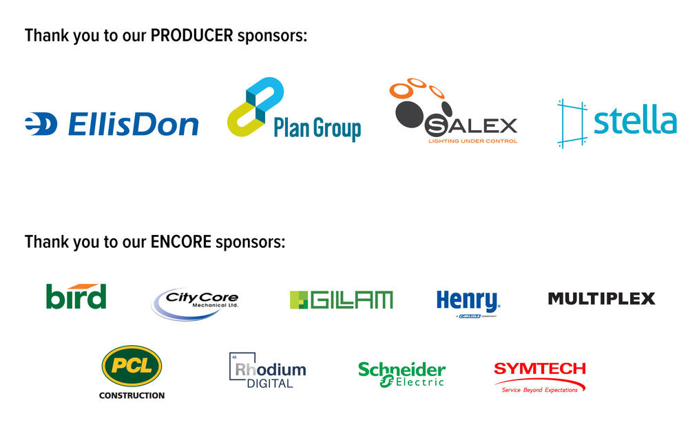Eco Jam Sponsors (EllisDon, Plan Group, Stella, Salex, Bird, City Core, Gillam, Henry, Multiplex, PCL, Rhodium, Schneider, Symtech)
