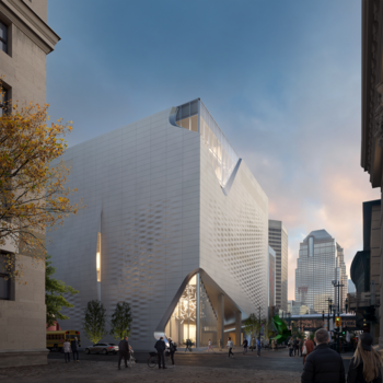 Rendering of the new Glenbow Museum building, a large square building made of stone and glass.