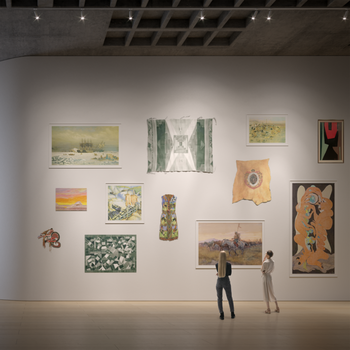 A rendering of a museum gallery wall displaying diverse art pieces, including paintings, a dress, and a fabric, viewed by two people. The space feels modern and contemplative.