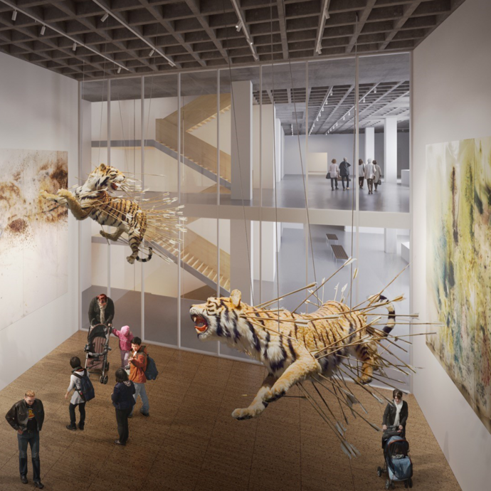 A rendering of hanging tiger sculptures pierced with arrows that are suspended in a modern art gallery. Visitors, including a parent with a stroller, admire the dramatic scene.