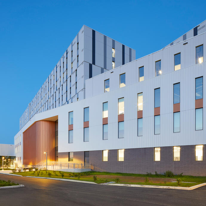 Exterior photo of the Humber Cultural Hub in the evening.